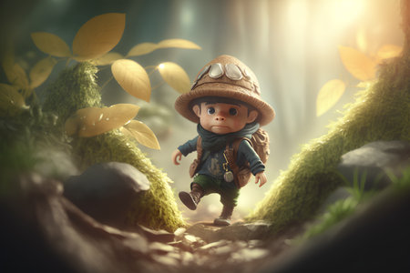 Little boy in a hat and a costume of a traveler walks through the forest.の素材