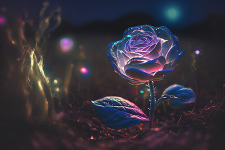 3D render of a purple rose in the forest at night.の素材