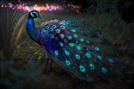 Beautiful peacock with colorful feathers in the forest at night.の素材