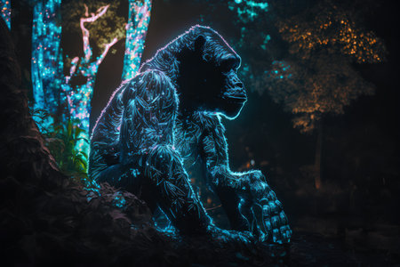 Gorilla in the forest with colorful lights. 3d rendering.の素材