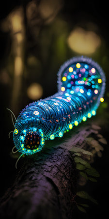 3d illustration of a caterpillar with colorful lights in the darkの素材