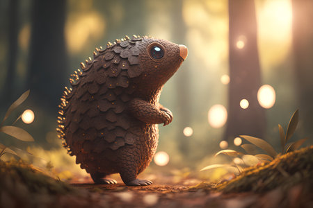 Funny little hedgehog in the forest. 3d rendering.の素材