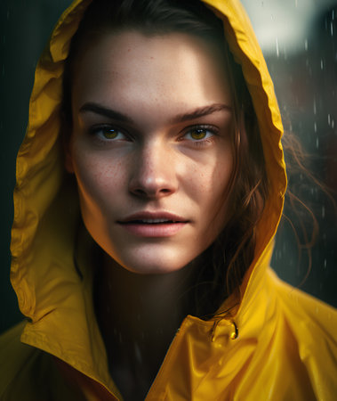 Portrait of a girl in a yellow raincoat on a rainy dayの素材