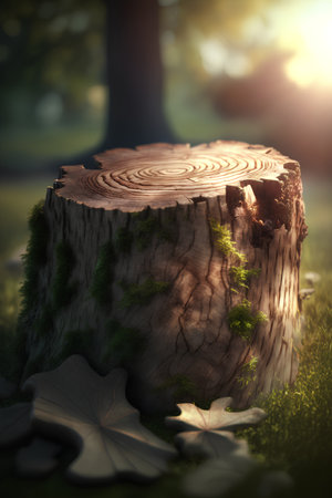 Stump in the forest at sunset. The concept of environmental conservation.の素材