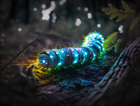 Caterpillar in the forest at night. 3D rendering.の素材
