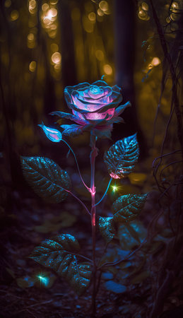 Beautiful rose in the forest at night with a glowing background.の素材