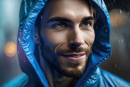 Portrait of a handsome young man wearing a blue raincoat.の素材