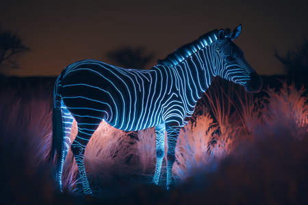 Zebra silhouette in the field at night. 3D rendering.の素材
