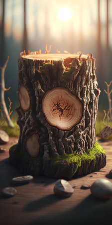 Wooden stump in the forest at sunset. 3d rendering.の素材