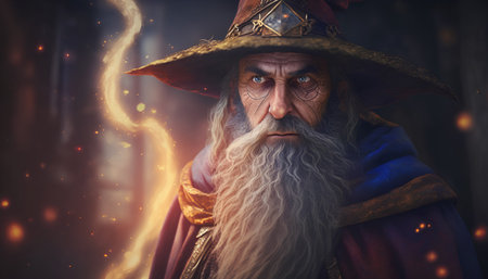 Portrait of an old man with a long gray beard and mustache in a medieval hat. Fantasy.の素材