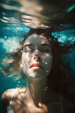 Beautiful young woman swimming underwater in the sea. Underwater portrait.の素材