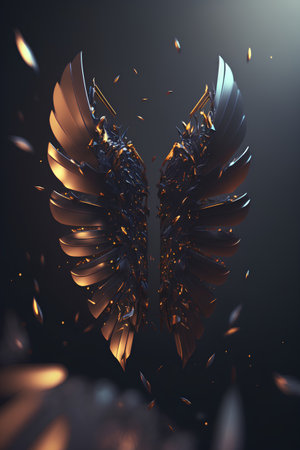 3d rendering of abstract metallic wings on dark background. Futuristic conceptの素材
