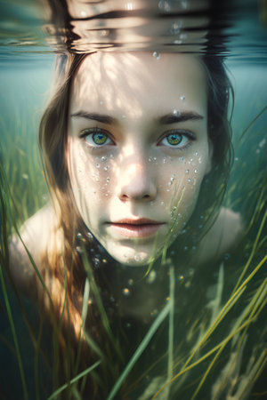 Portrait of beautiful young woman underwater in water with green grass.の素材