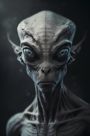 Creepy alien looking at camera. Dark background. Halloween concept.の素材