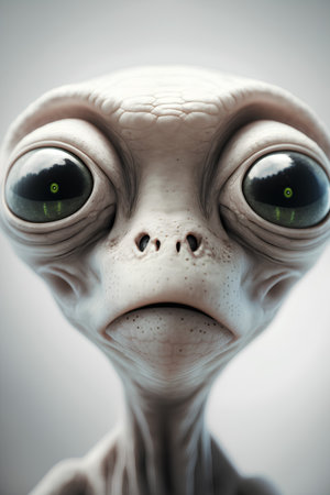 3D rendering of an alien creature with green eyes on a gray backgroundの素材