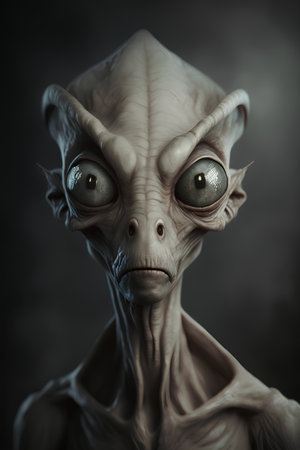 3D Illustration of a Alien in a dark moody backgroundの素材