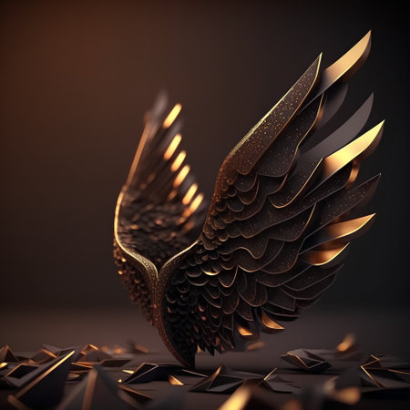 Gold metal wings on a dark background. 3d rendering, 3d illustration.の素材
