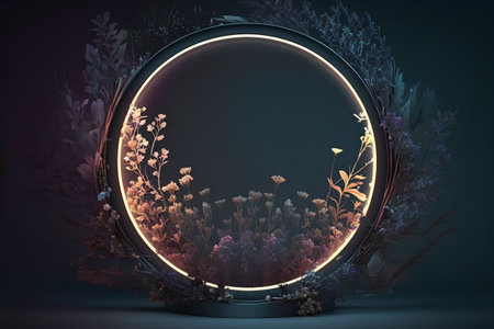 round frame with flowers and leafs on dark background, 3d renderの素材