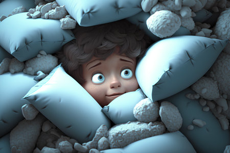 3d rendering of a little boy hiding in a pile of pillowsの素材