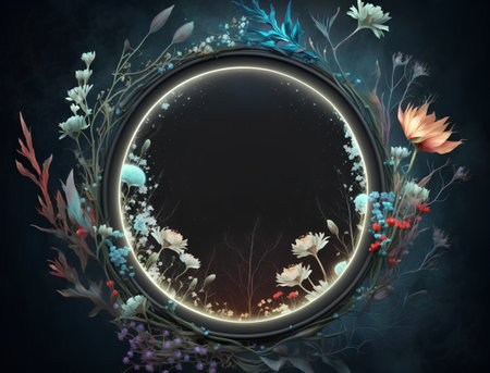 Round frame with wildflowers and leaves on a dark background.の素材