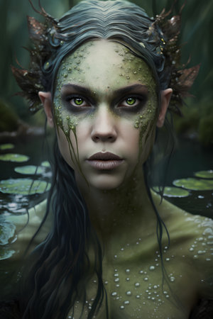 Portrait of a woman with green makeup in a fantasy forest.の素材