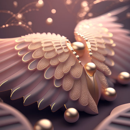 3d illustration of abstract background with golden wings and pearls.の素材