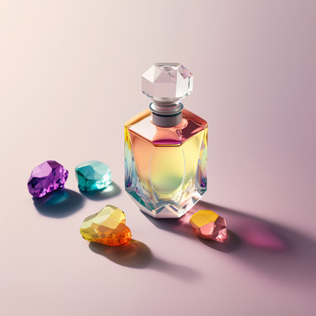 Perfume bottle with multicolored gems. 3D renderingの素材