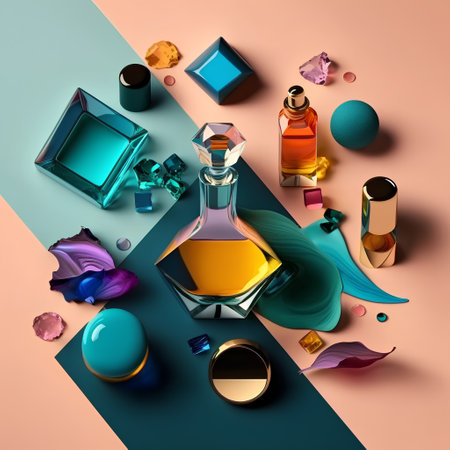 Bottles of perfume on a colorful background. 3d illustration.の素材