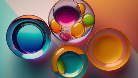 Colorful abstract background with glass cups and plates. 3d renderの素材