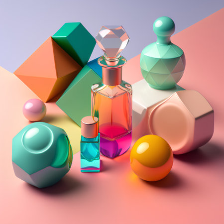 Perfume bottle with colorful geometric shapes. 3d illustration.の素材