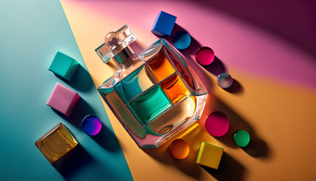 Perfume bottle on colorful background. 3D rendering illustration.の素材
