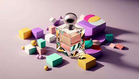 Perfume bottle and colorful geometric shapes. 3D rendering.の素材