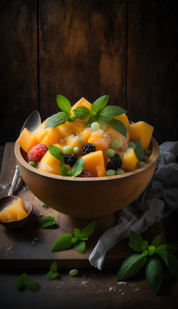 Mango salad with fresh berries and mint in wooden bowl, selective focusの素材