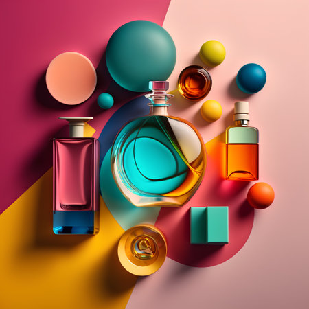 Perfume bottles on colorful background. 3d illustration. Top view.の素材