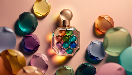 Perfume bottle with multicolored gems. 3d illustrationの素材