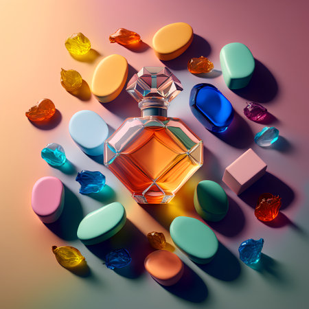Perfume bottle on colorful background. 3d render illustration.の素材