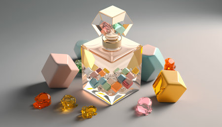 Perfume bottle with colorful gems on grey background. 3d illustrationの素材
