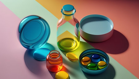 3d illustration of glass jars with colorful liquid on multicolor backgroundの素材