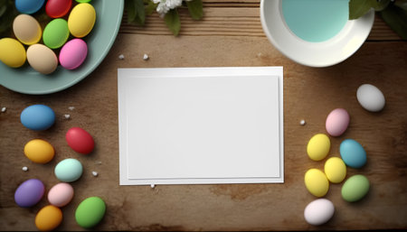 Easter eggs and blank greeting card on wooden table, top viewの素材