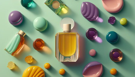 Bottle of perfume on green background. 3d render illustration.の素材