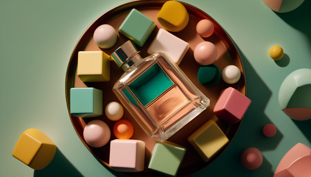 Perfume bottle and colorful cubes on green background. 3d renderingの素材