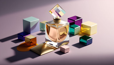 Perfume bottle with colorful cubes. 3d render illustration.の素材