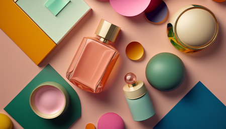 Perfume bottle on multicolored background. 3d renderingの素材