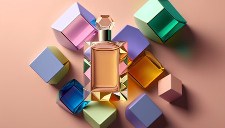 Perfume bottle on colorful cubes background. 3d illustration.の素材