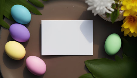 Easter greeting card with colorful eggs and flowers on a brown backgroundの素材