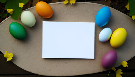 Easter background with colorful eggs and blank card on wooden table.の素材