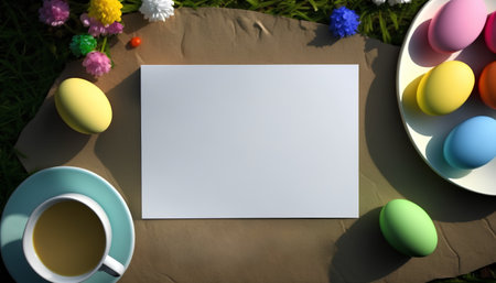 Easter greeting card with eggs and cup of coffee on the grassの素材