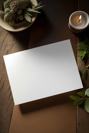 Mockup of a business card on a wooden table with a candleの素材