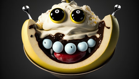 Funny ice cream with smiley face in a bowl. 3d illustrationの素材