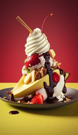 Mango ice cream with whipped cream, strawberries, chocolate and nutsの素材